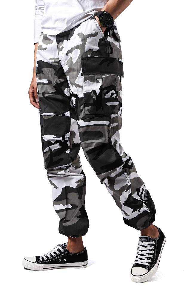 grey and white cargo pants