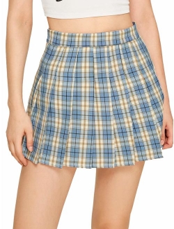 Women's Casual High Waist Plaid A Line Pleated Mini Skirt