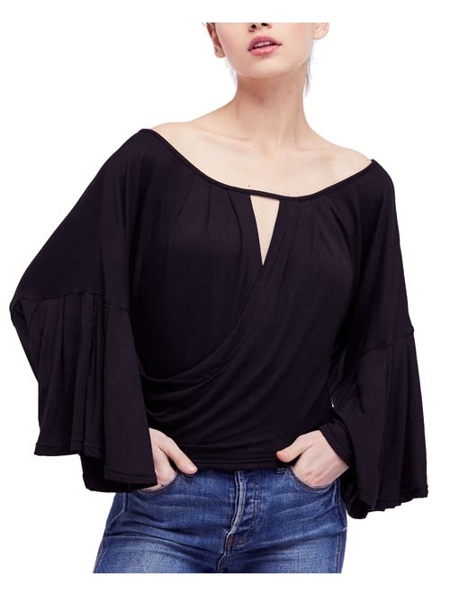FREE PEOPLE Womens Black Draped Bell Sleeve Keyhole Top Size: XS