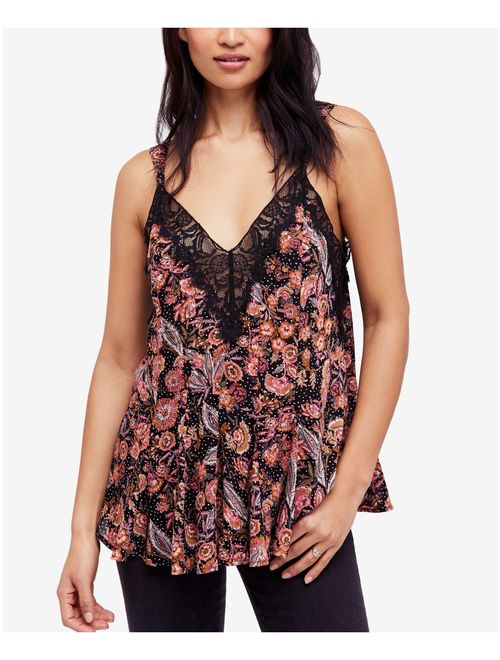 FREE PEOPLE Womens Black Pleated Printed Spaghetti Strap V Neck Top Size: S