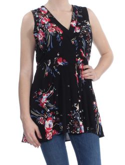 Womens Black Floral Sleeveless V Neck Tunic Top Size: M