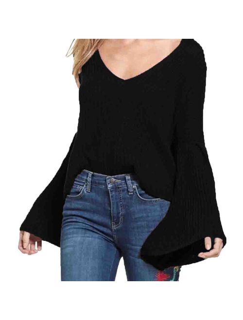 Free People Damsel Cotton Flare-Sleeve Sweater (Black, X-Small)