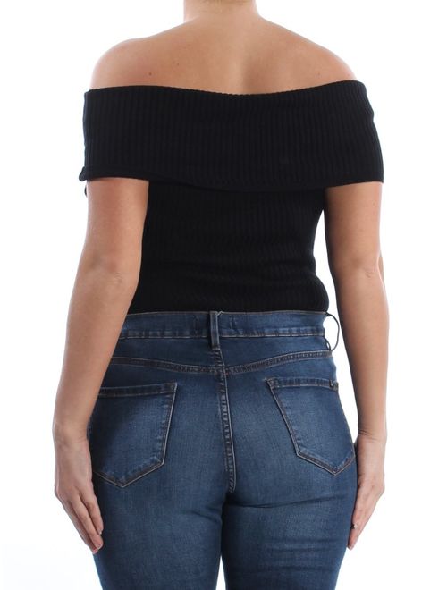 FREE PEOPLE Womens Black Rib Knit Short Sleeve Off Shoulder Top Size: XS