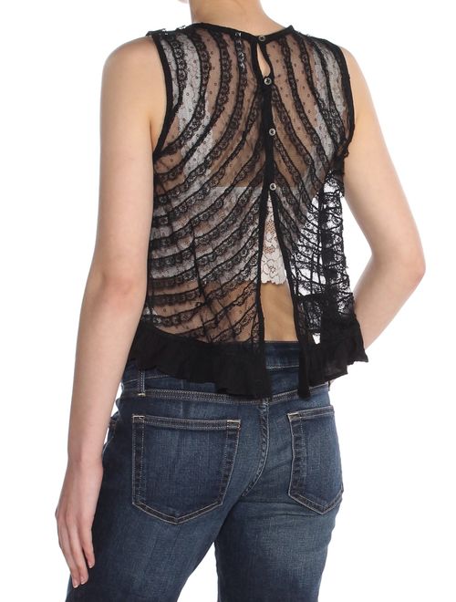 FREE PEOPLE Womens Black Lace Sleeveless Jewel Neck Crop Top Party Top Size: XS
