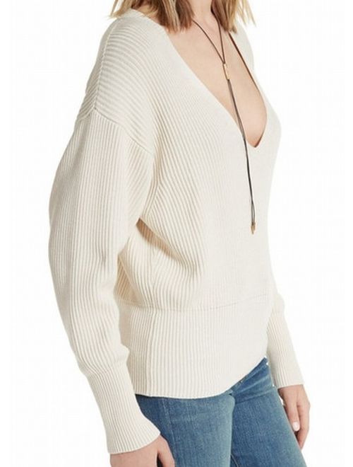 Free People NEW White Ivory V-Neck Medium M Cozy Rib Knit Tunic Sweater