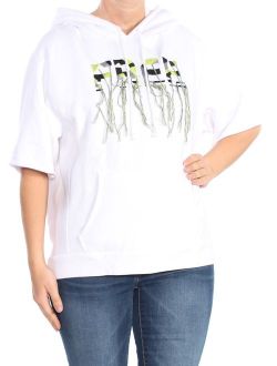 Womens White Embroidered Fringed Hoodie Free Graphic Short Sleeve Sweater Size: S