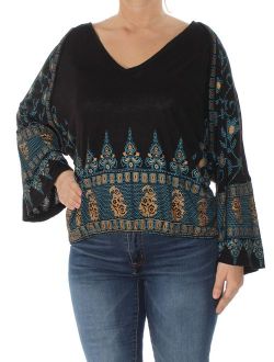 Womens Black Medallion Printed Bell Sleeve V Neck Top Size: XS