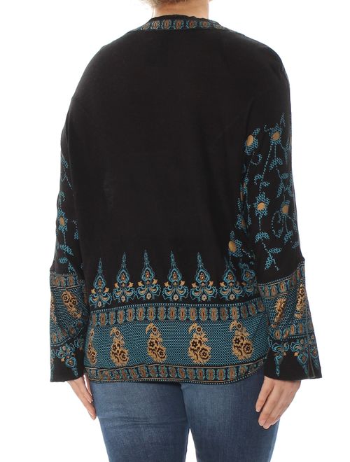 FREE PEOPLE Womens Black Medallion Printed Bell Sleeve V Neck Top Size: XS