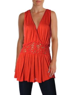 Womens Embroidered Lace Inset Peplum Top