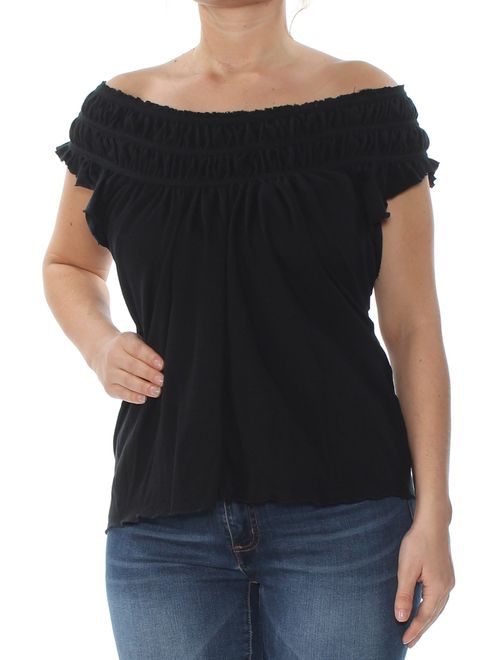 FREE PEOPLE Womens Black Ruffled Short Sleeve Off Shoulder Top Size: L