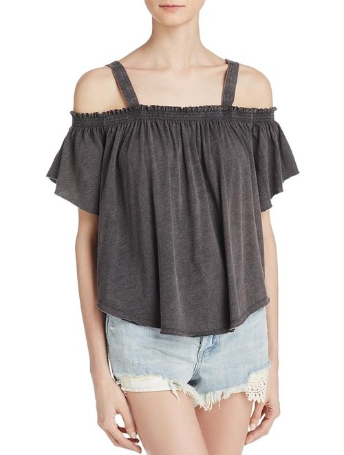 Free People WE THE FREE Gray Pleated Cut Out Short Sleeve Square Neck Top Size: L