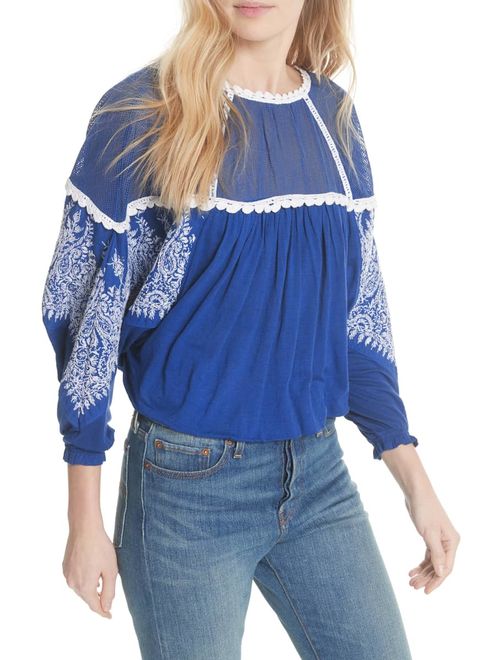 Free People Carly Embroidered Contrast Top Blue XS