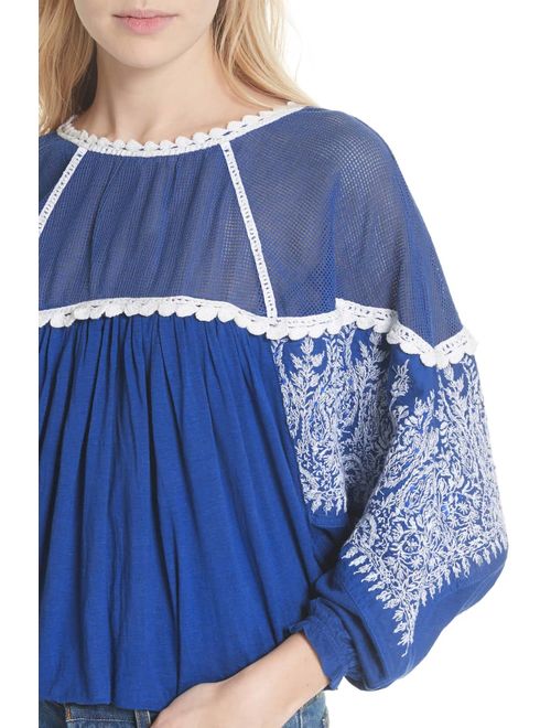 Free People Carly Embroidered Contrast Top Blue XS