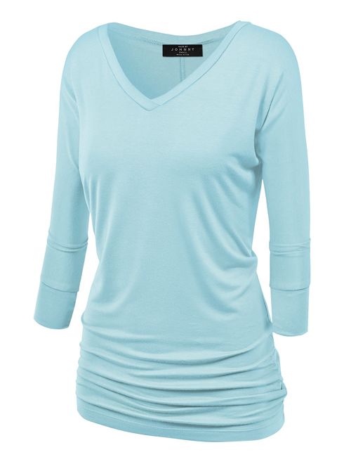 Made By Johnny Women's Crew/V Neck 3/4 Sleeve Drape Dolman Shirt Top with Side Shirring XS-5XL Plus Size-Made in USA