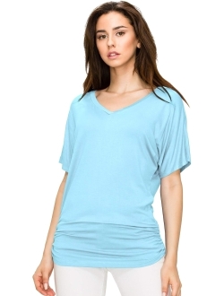 MBJ Women's Solid Short Sleeve Boat Neck V Neck Dolman Top with Side Shirring-Made in U.S.A.