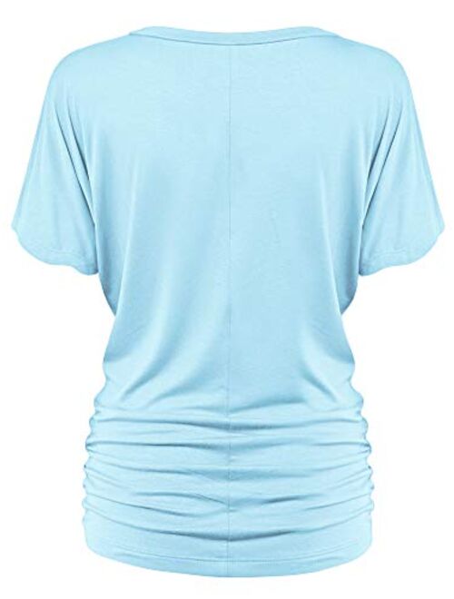 Made By Johnny MBJ Women's Solid Short Sleeve Boat Neck V Neck Dolman Top with Side Shirring-Made in U.S.A.