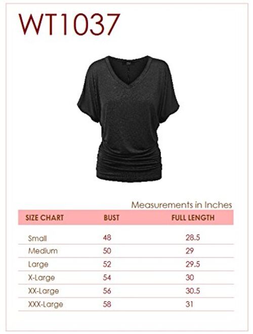 Made By Johnny MBJ Women's Solid Short Sleeve Boat Neck V Neck Dolman Top with Side Shirring-Made in U.S.A.