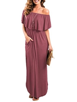 THANTH Off The Shoulder Ruffle Party Dresses Short Side Slit Beach Maxi Dress