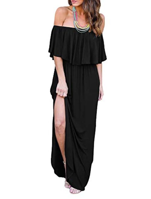 THANTH Off The Shoulder Ruffle Party Dresses Short Side Slit Beach Maxi Dress