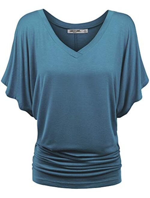 Lock and Love Women's Solid Short Sleeve Boat Crew Neck V Neck Dolman Top XS - 5XL Plus Size Made in USA