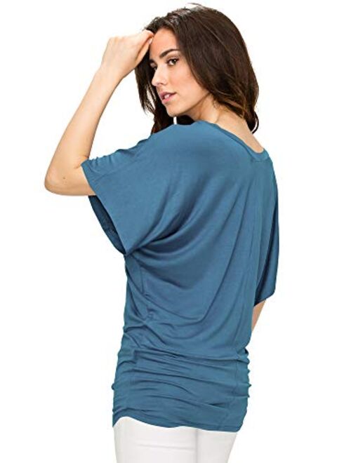 Lock and Love Women's Solid Short Sleeve Boat Crew Neck V Neck Dolman Top XS - 5XL Plus Size Made in USA