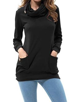 Levaca Womens Long Sleeve Button Cowl Neck Casual Slim Tunic Tops with Pockets