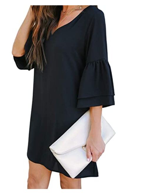 BELONGSCI Sweet & Cute V-Neck Bell Sleeve Shift Dress Mini Dress