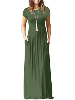 Short Sleeve Loose Plain Casual Long Maxi Dresses With Pockets