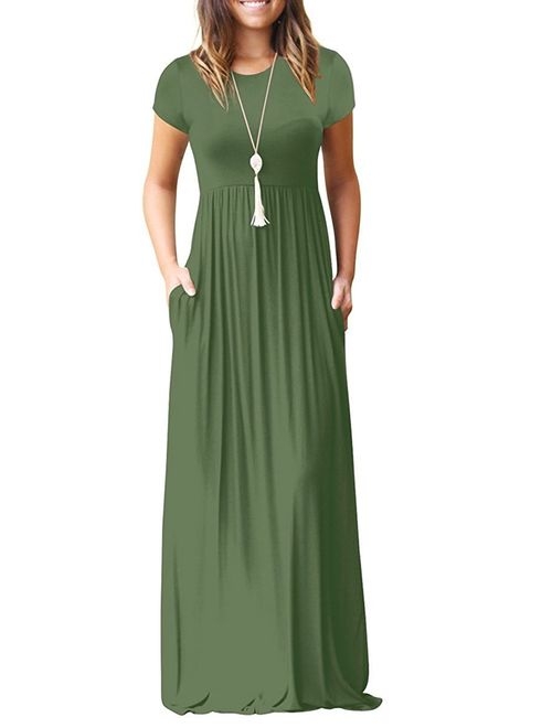 AUSELILY Short Sleeve Loose Plain Casual Long Maxi Dresses with Pockets