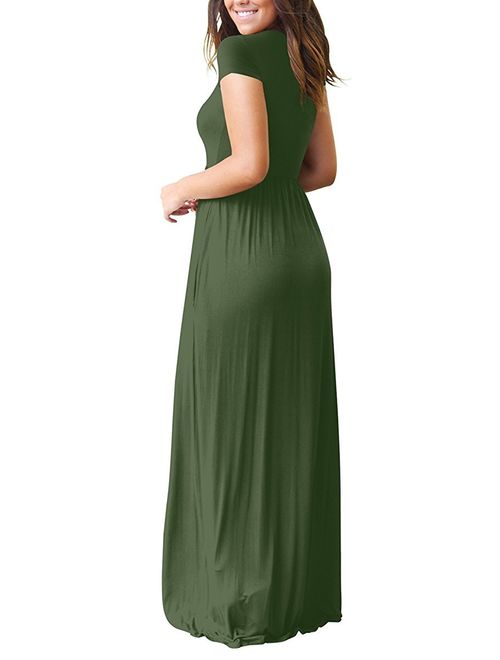 AUSELILY Short Sleeve Loose Plain Casual Long Maxi Dresses with Pockets