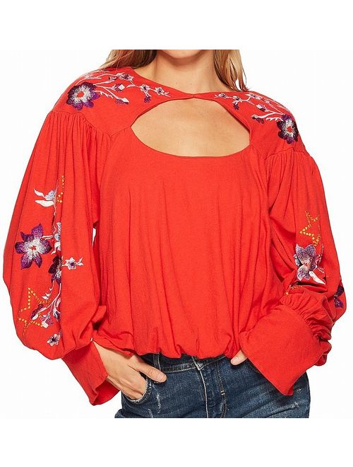 Free People NEW Red Womens Size XS Floral Embroidered Cutout Blouse