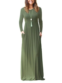 Women Long Sleeve Loose Plain Maxi Pockets Dresses Casual Long Dresses