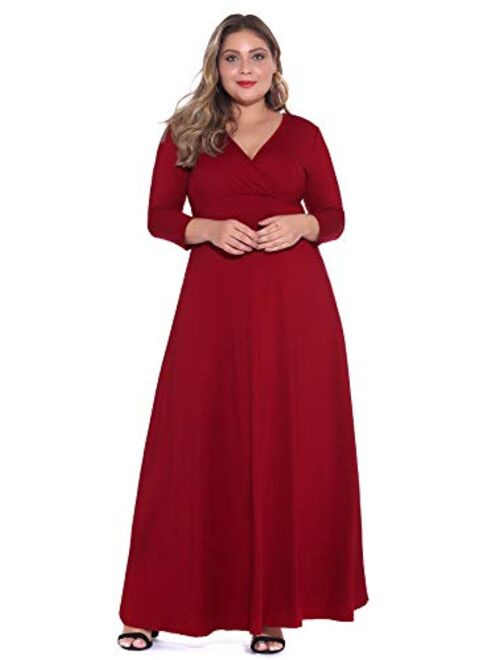 POSESHE Solid Deep V-Neck 3/4 Sleeve Plus Size Evening Party Maxi Dress