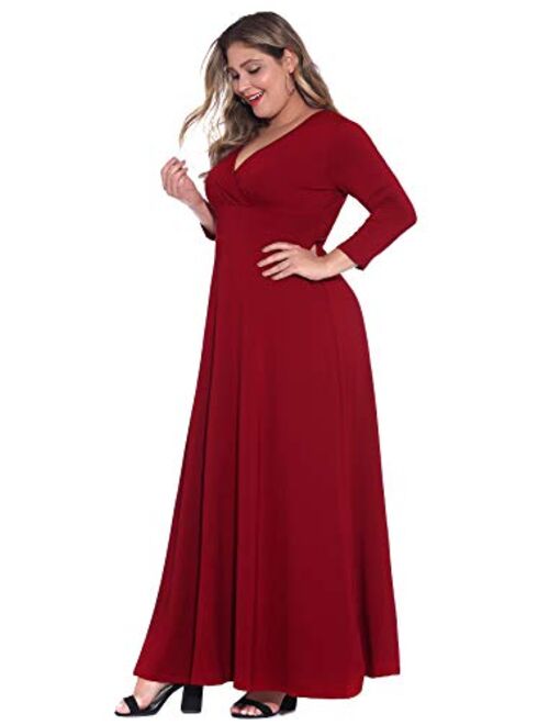 POSESHE Solid Deep V-Neck 3/4 Sleeve Plus Size Evening Party Maxi Dress