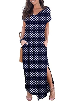 Loose Pocket Long Dress Short Sleeve Short Side Slit Casual Maxi Dresses