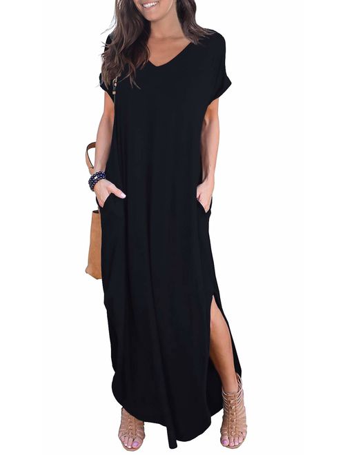 GRECERELLE Loose Pocket Long Dress Short Sleeve Short Side Slit Casual Maxi Dresses