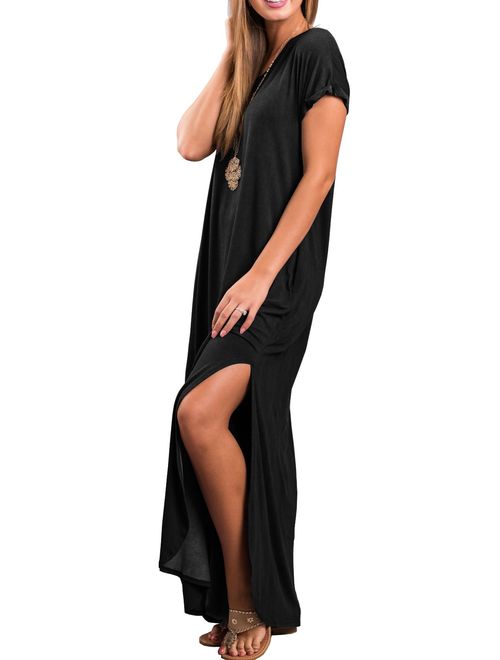 GRECERELLE Loose Pocket Long Dress Short Sleeve Short Side Slit Casual Maxi Dresses