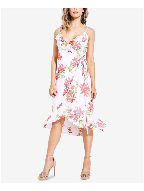 GUESS Womens Pink Ruffled Printed Sleeveless V Neck Knee Length Wrap Dress Dress Size: XL