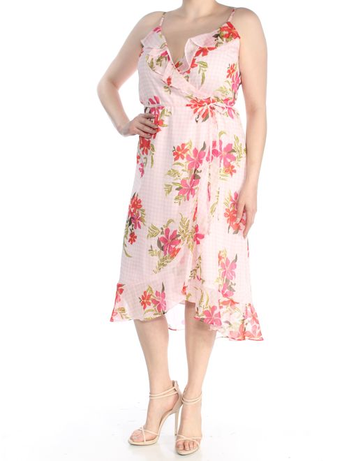 GUESS Womens Pink Ruffled Printed Sleeveless V Neck Knee Length Wrap Dress Dress Size: XL