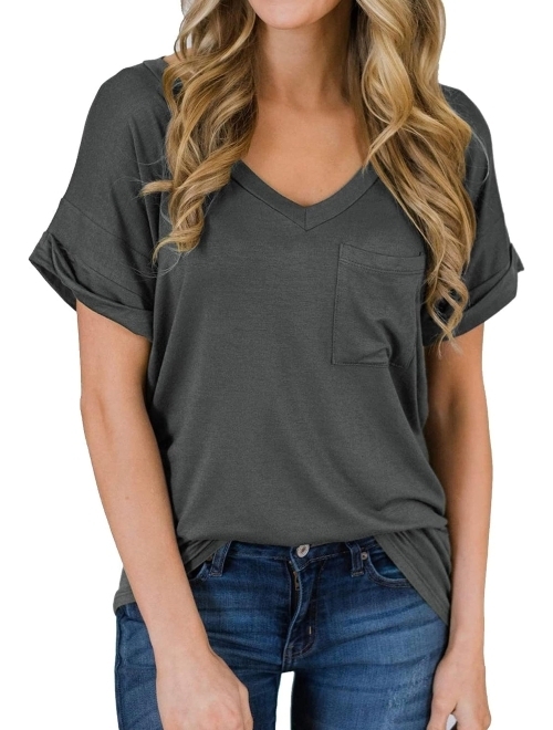 Women's Ruffle V-Neck T-Shirt Solid Casual V Neck Short Sleeve Tops Summer Loose Blouses Shirts