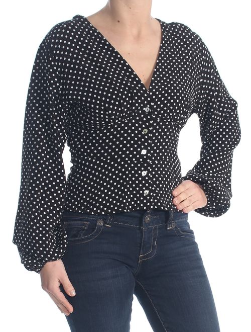 FREE PEOPLE Womens Black Dot Long Sleeve V Neck Wear To Work Top Size: S