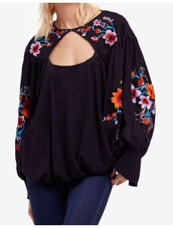 Womens Black Embroidered Cut Out Floral Long Sleeve Tunic Top Size: L