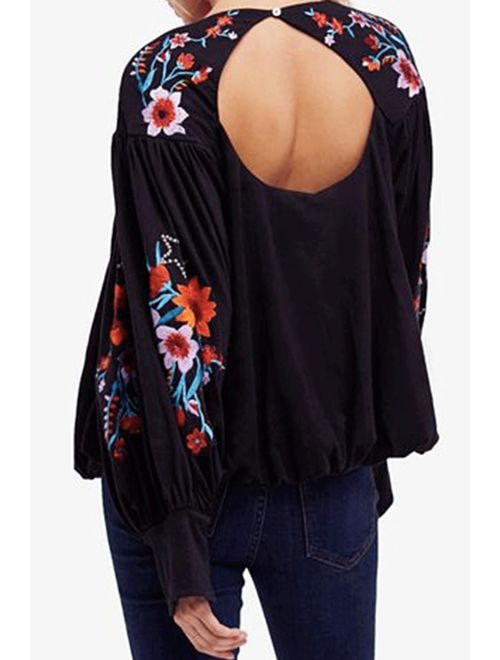 FREE PEOPLE Womens Black Embroidered Cut Out Floral Long Sleeve Tunic Top Size: L