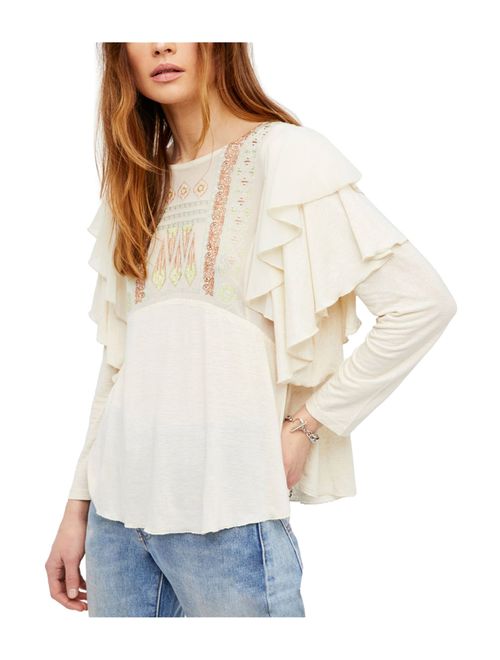 FREE PEOPLE Womens Beige Layered Draped Printed Long Sleeve Top Size: M