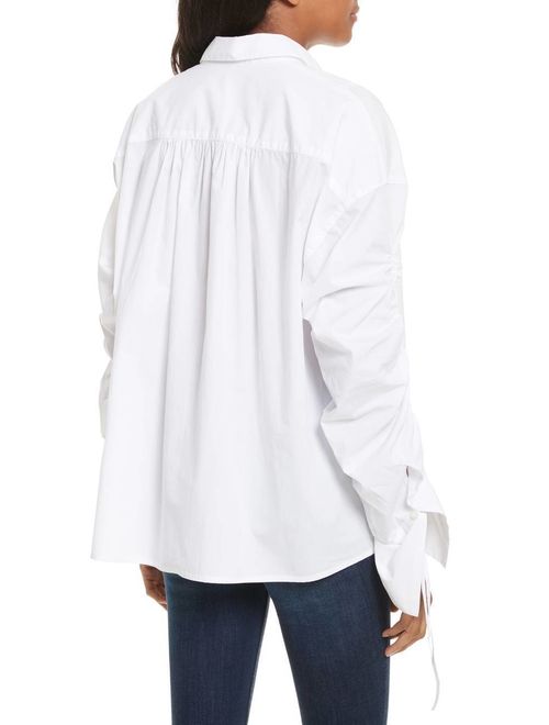 Free People NEW White Womens Small S Ruched Sleeve Button Down Top