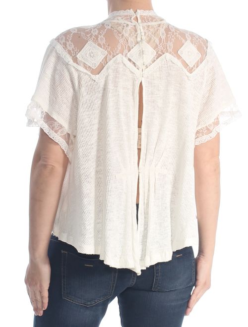 FREE PEOPLE Womens Ivory Lace Pleated Short Sleeve Wear To Work Top Size: S