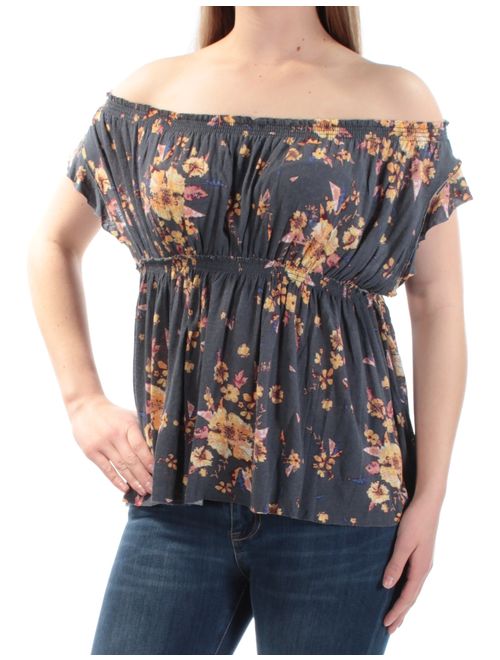 Free People WE THE FREE Womens Gray Floral Short Sleeve Off Shoulder Top Size: S