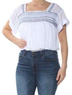 Womens White Embroidered Short Sleeve Square Neck Top Size: L
