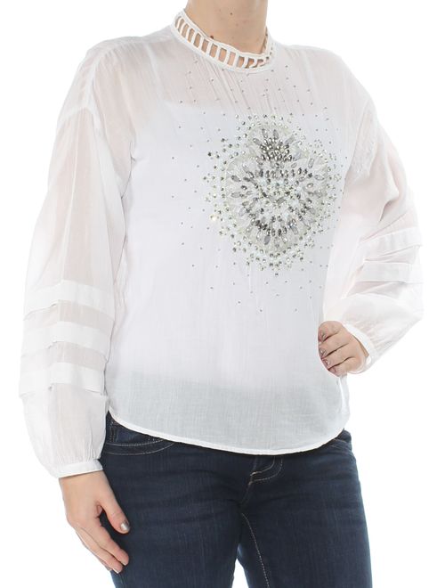 FREE PEOPLE Womens White Embellished Heart Of Gold Long Sleeve Top Size: S