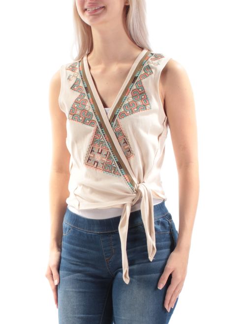 FREE PEOPLE Womens Beige Embroidered Tie Sleeveless V Neck Top Size: S